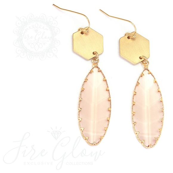 Peach Teardrop Gem Brushed Gold Tone Hex Earrings - Picture 5 of 15